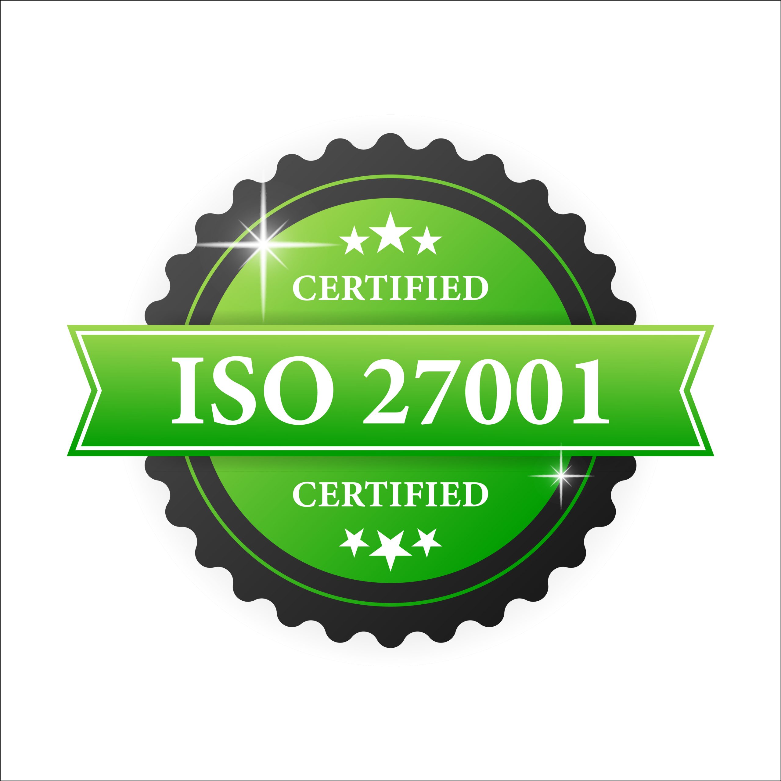 ISO certified 27001 green rubber stamp with green rubber on white background. Realistic object. Vector illustration.